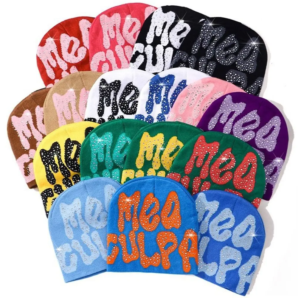 

Stretch MEA Culpa Beanies Hat with Rhinestone Fashion Soft Knitted Hip-hop Hat Warm Slouchy Cap for Women Men
