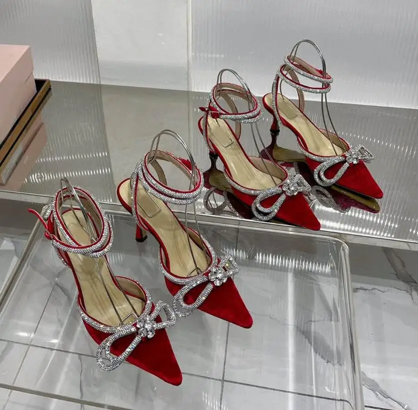 

9cm heels Womens red Velvet Pointed Toe Double Bow Crystal Pumps Ankle Strap wrap rhinestone sandals bow wedding high heels