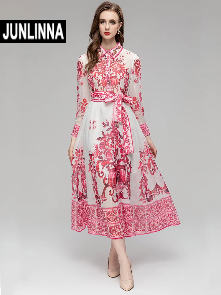 

JUNLINNA High Street Long Dress Spring Autumn Women Turn-down Collar Single Breasted Belt Slims Lighting Beading Print Vestidos
