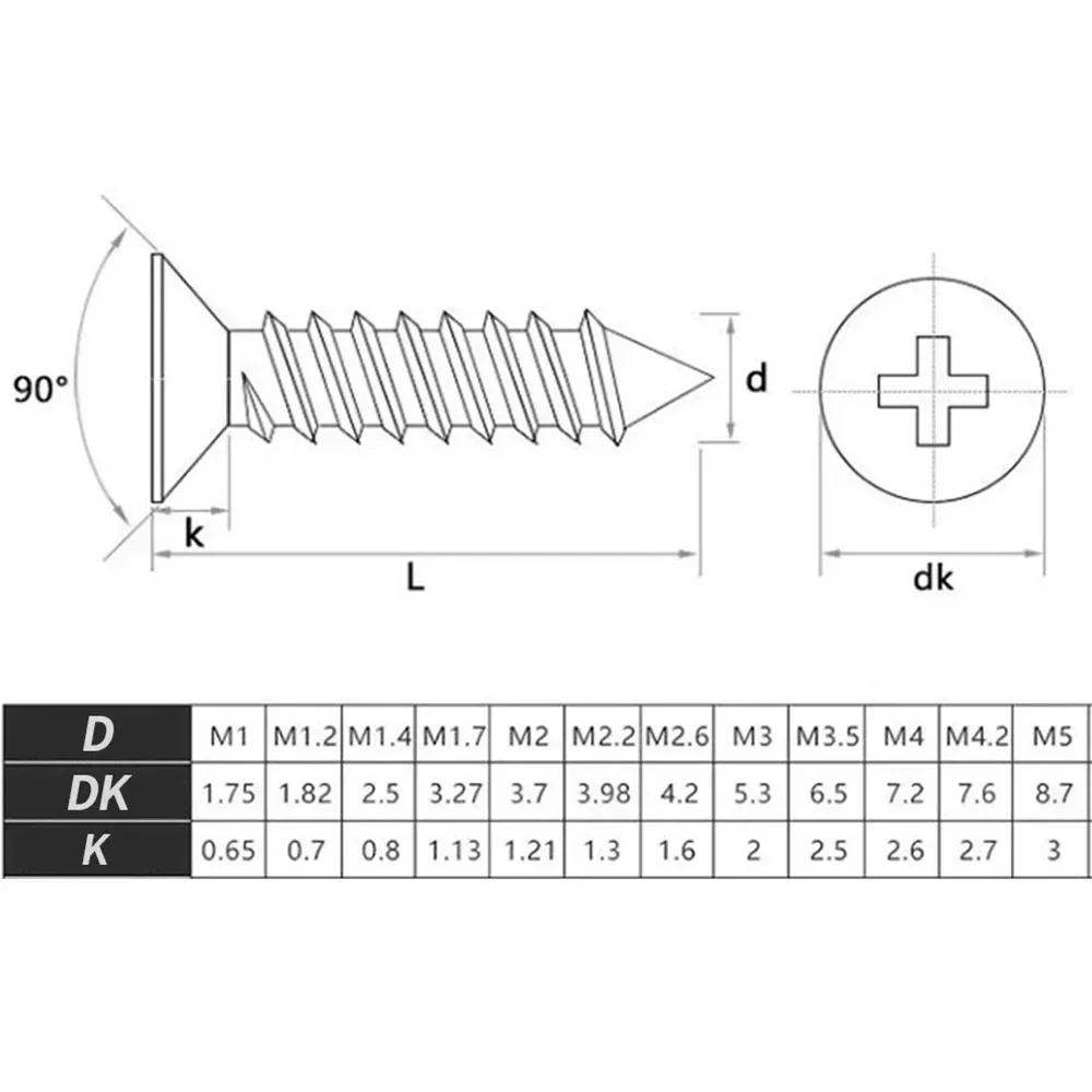 Self Tapping Screw Black Phillips Carbon Steel M1 M1.2 M1.4 M1.5 M2 M2.6 M3 M3.5 M4 M5 Cross Countersunk Flat Head 100pcs/lot