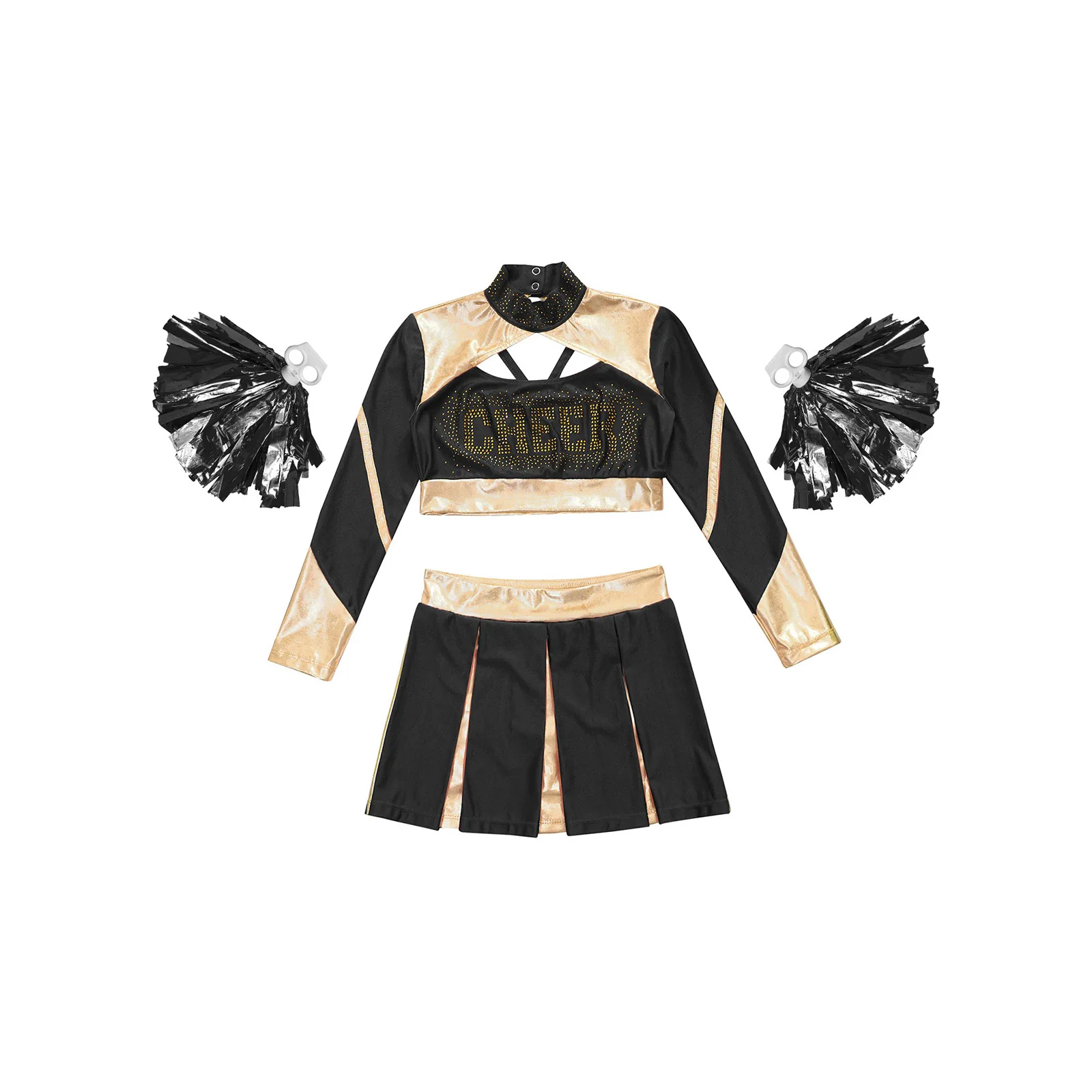 Kid Girls Dance Cheerleading Outfit Cheer Modern Dance Set Long Sleeve Rhinestones Crop Top with Pleated Skirt 2Pcs Flower Balls