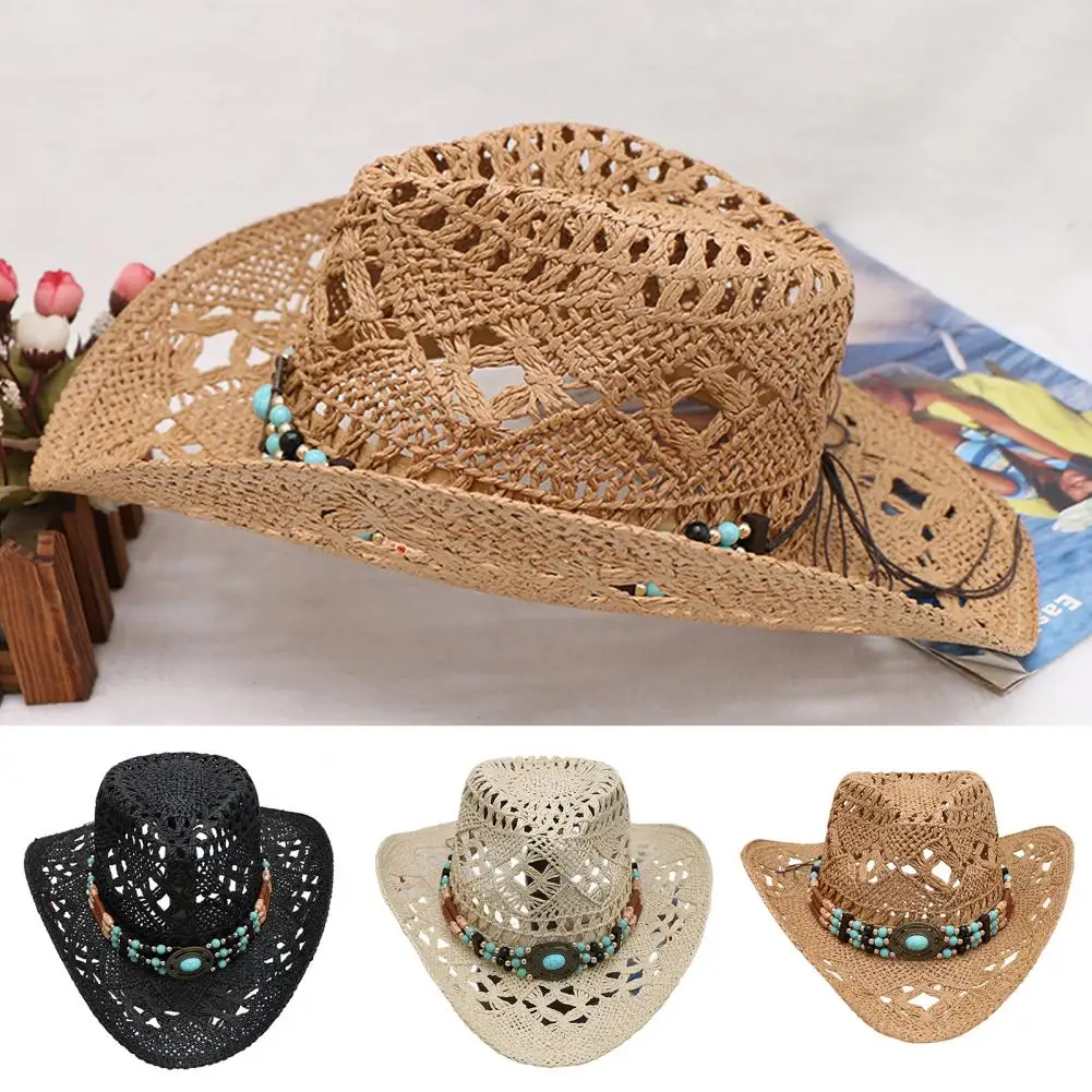 Unisex Straw Cowboy Hat with Decorative Bands Hollow Breathable Design Ultralight Cowgirl Woven Sun Hat