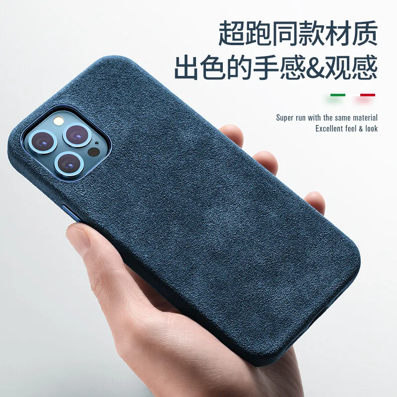 

New Real Genuine Alcantara Full Edge Protect Phone Cover For iPhone 12 13 Pro Max Mini Villus Fur Case Metal Button