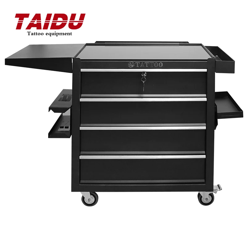 TAIDU Tattoo Tool Box Station With Four Darwers Tattoo Tool Trolley With Wheels Moveable Steel Tattoo Toolbox Table