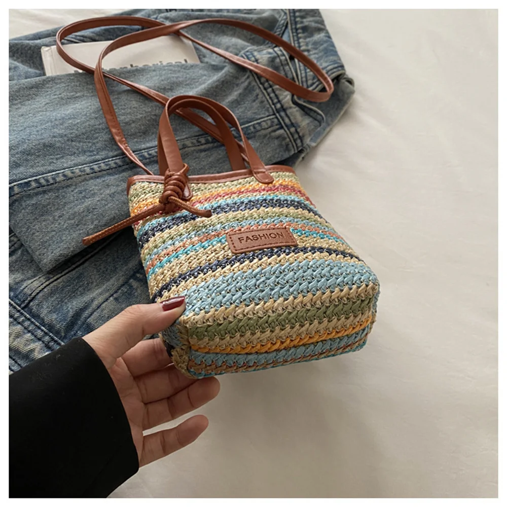 Small Bag Women's Summer New Popular Versatile Contrasting Color Straw Messenger Bag Casual Fashion Shoulder Bucket Bag