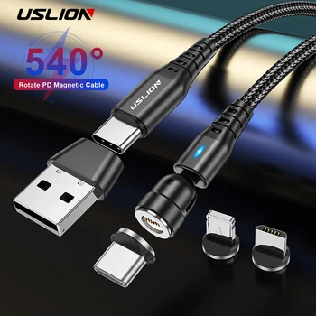 USLION 마그네틱 케이블 고속 충전 4.0, 아이폰 15, 14 프로 맥스, 샤오미 13, 540 회전, C 타입에서 C 타입 데이터 와이어, PD 60W, 5A