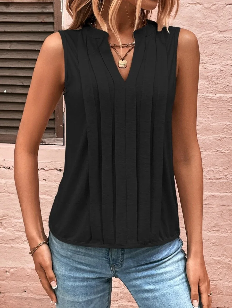 

Women's Shirt 2023 Summer New Fashion Temperament Elegant Pleated V-Neck Vest Top T-Shirt Female