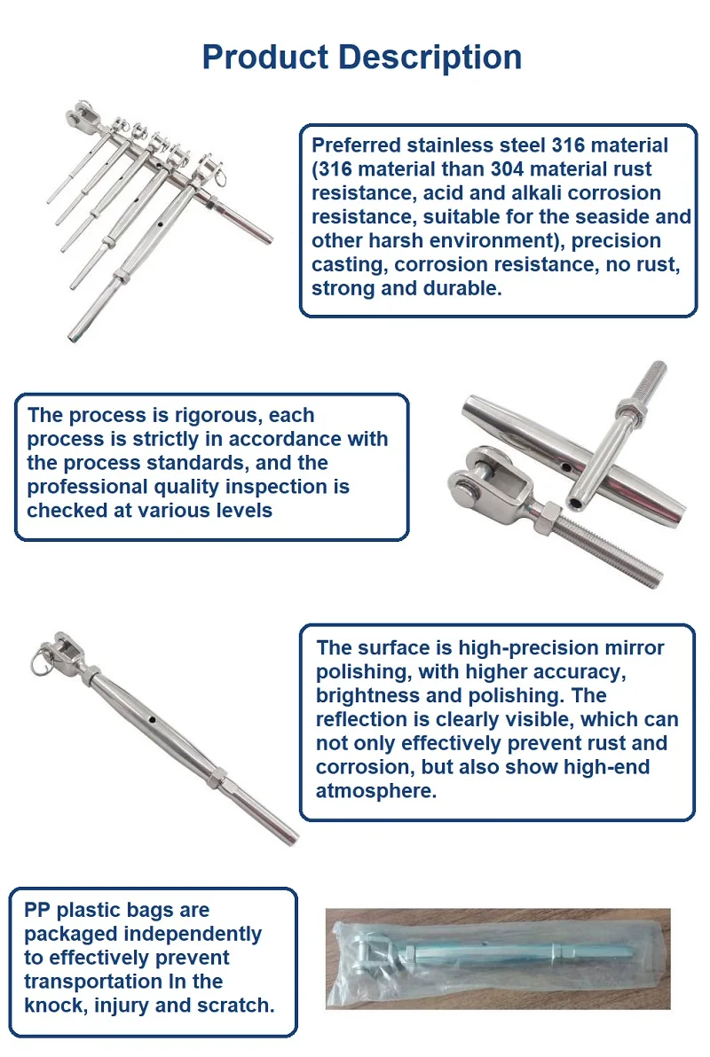 Description Picture 3 of item4PCS SS316 Stainless Steel Jaw Swage Turnbuckle Cable Railing Kit Rigging Hareware for Wire Rope