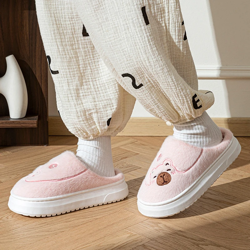 Thick Sole Fluffy Home Slippers Women Winter Indoor Thicken Warm Lovely Cotton Slides Woman Couples Non Slip Bedroom Slippers
