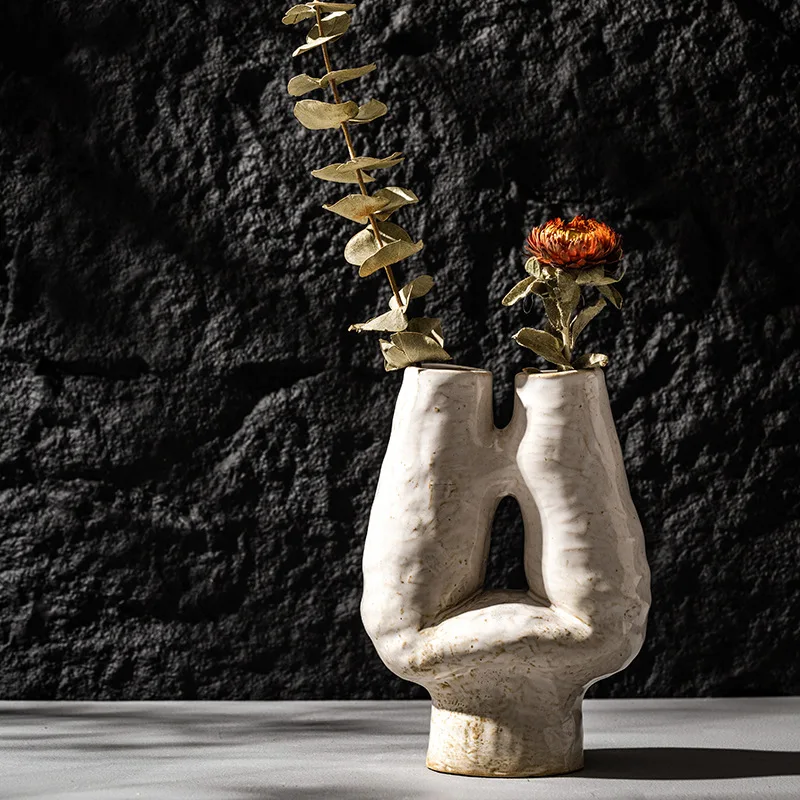 CAPIRON Double Mouth H Vase Ceramic Porcelain Nordic Boho Wabi-sabi Decorative Flowerpot for Dried Flower Pampas Grass Office 2