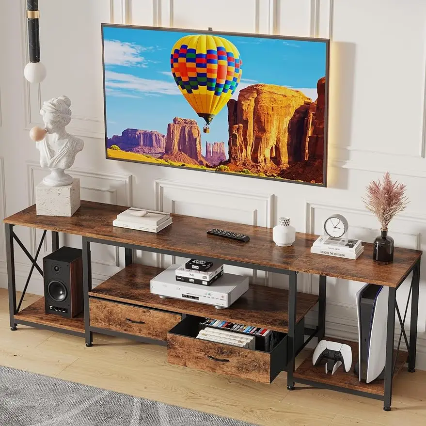 

TV Stand w/ Fabric Drawer,Entertainment Center & Industrial TV Console Table w/ Open Storage Shelves for Living Room,Black/Brown