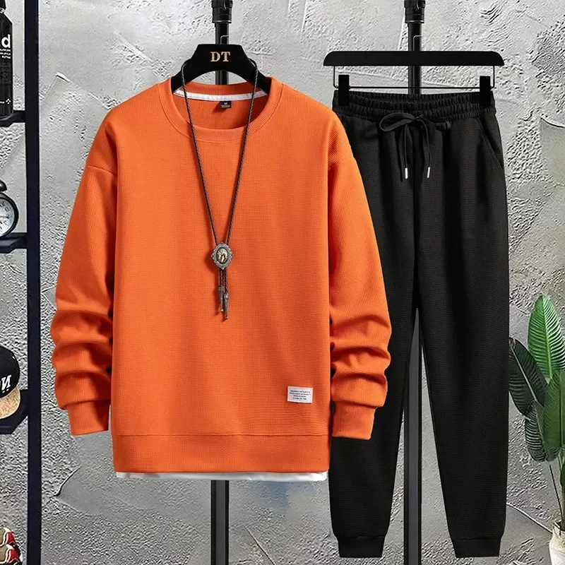 Spring/Summer new Men's Waffle Set Casual T-shirt and Shorts Set Men's Sports Solid Color Sports Wear Loose M~4XL