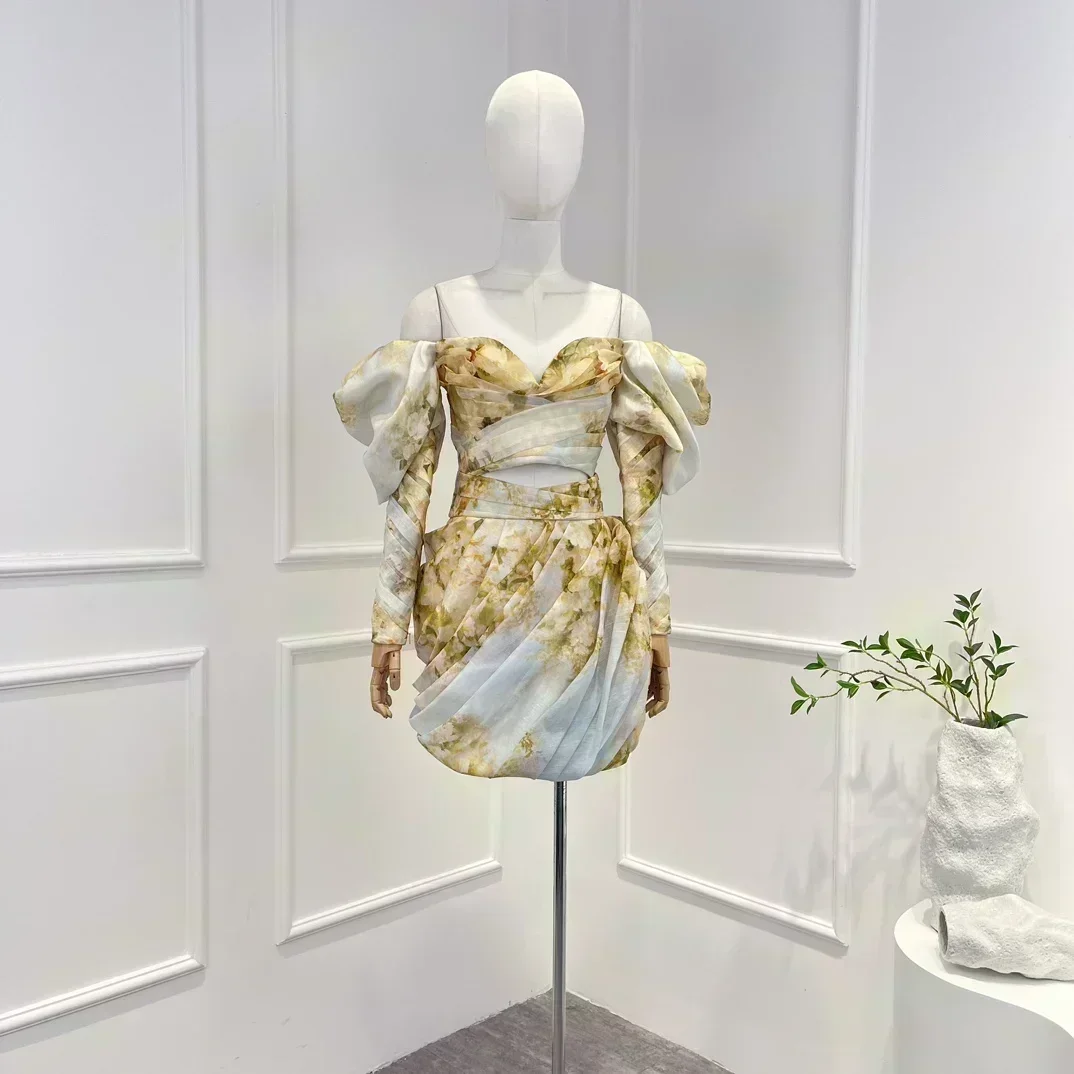 

2023 New High Quality Silk Linen Vintage Floral Printing Piled Pleat Woman Fashion Top and Skirt for Holiday