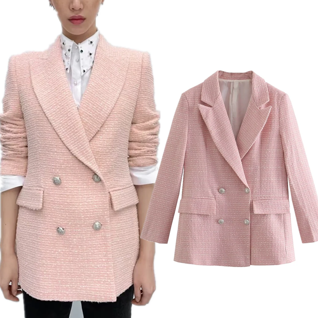 

Dave&Di Autumn British Fashion Women's Textured Suit Elegant Pink Casual Double-breasted Blazer For Women