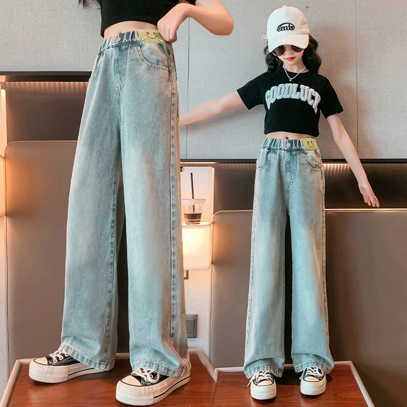 

Girls Wide Leg Jeans for Autumn New Blue Loose Casual Straight Pants Fashion All-match Teenagers School Children Denim Trousers