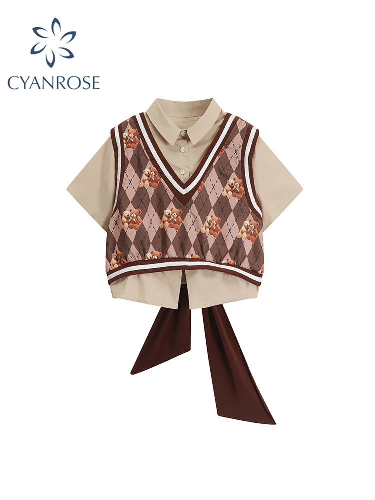 

Women Patchwork Shirt Blouses Korean Harajuku Vintage Elegant Kawaii Short Sleeve Blouses Y2k Bow Shirt Top Summer Clothes 2023
