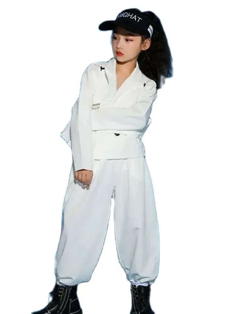 

Уличные танцевальные сценические костюмы, современные джазовые представления для мальчиков и девочек, костюмы в стиле хип-хоп, 3 шт., детская одежда в стиле хип-хоп, белые костюмы