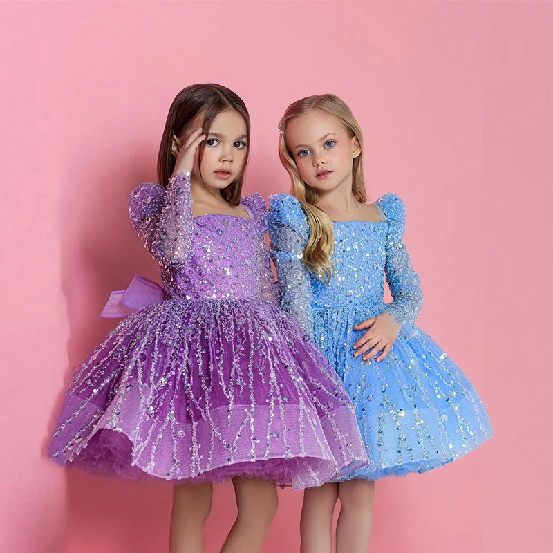 

Fashion Flower Girl Dresses for Wedding Party Long Sleeves Sparkling Beading Sequined Puff Birthday Gown First Communion Dresses