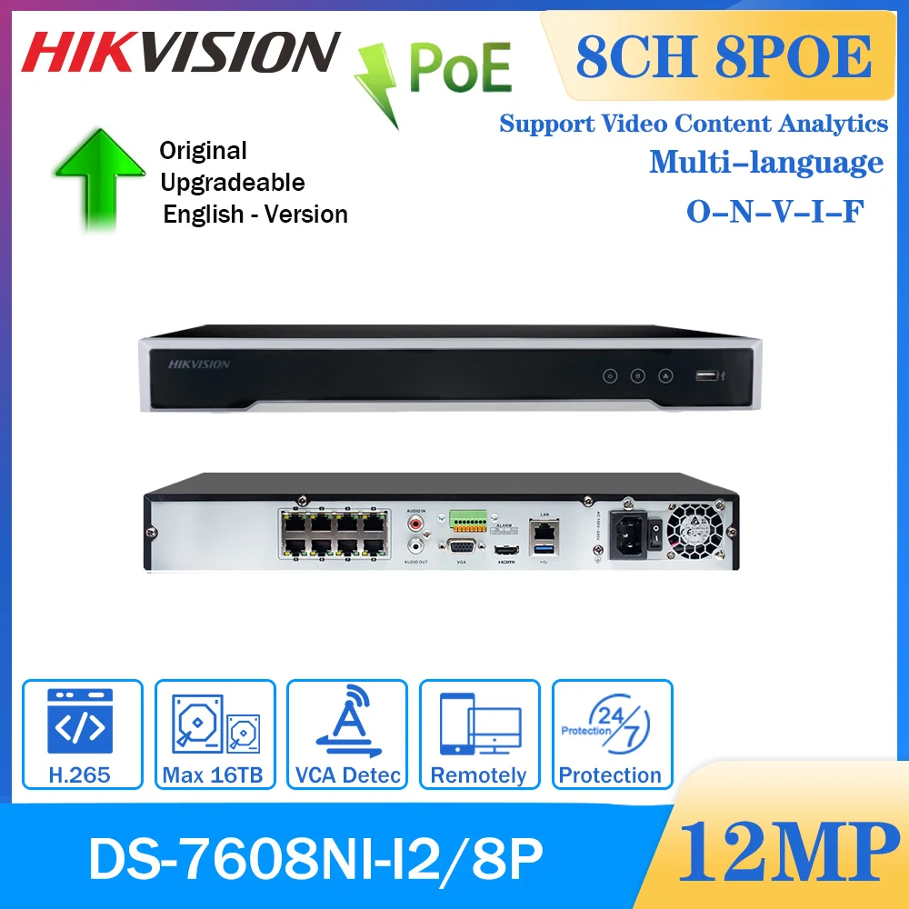 Hikvision 4k Poe Nvr Ds7608nii2/8p 8ch Cctv Security Network Video Recorder 2hdds H.265+ P2p