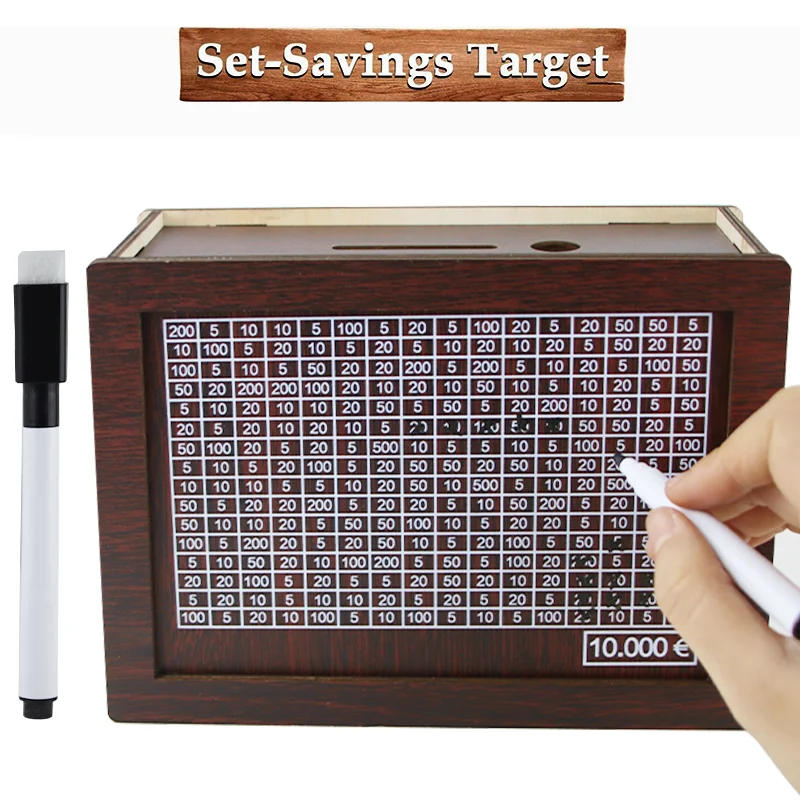Wooden Japanese Piggy Bank Money Box Saving Goal Numbers Boxes Reusable Coin Case 1000/2000/3000/5000/10000 Euro