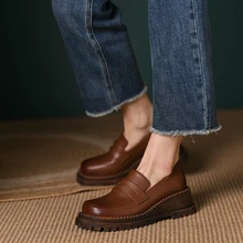 

2022 Spring Women's Pumps Natural Leather 22-24.5cm Cowhide Upper Thick Bottom Slope Polished Color Retro Full Leather Loafers