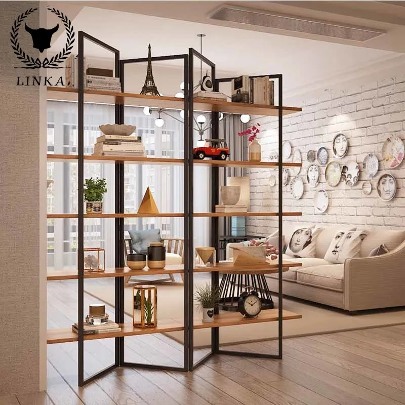 

Creative wrought iron solid wood partition shelf bookshelf home floor screen porch living room multi-layer display rack