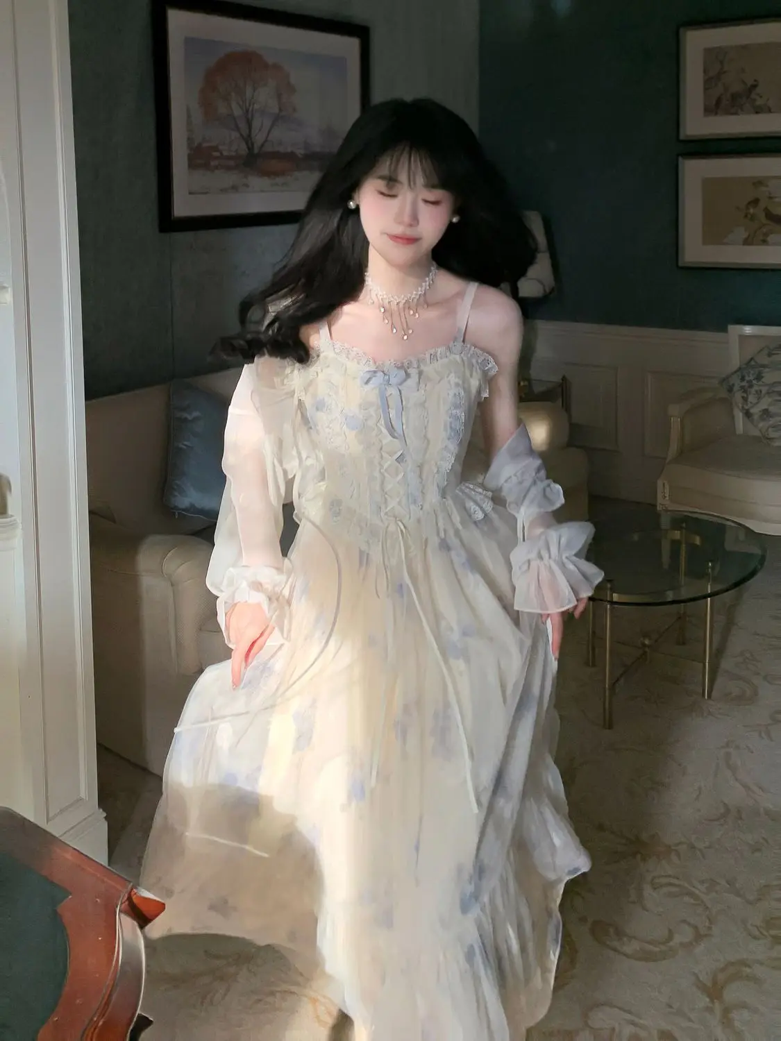 NIGGEEY 달콤한 프린트 메쉬 패치워크 레이스 테두리 서스펜더 원피스 페어리 롱 원피스, 나무 귀 레이스 업 가디건 세트, 용수철 여름
