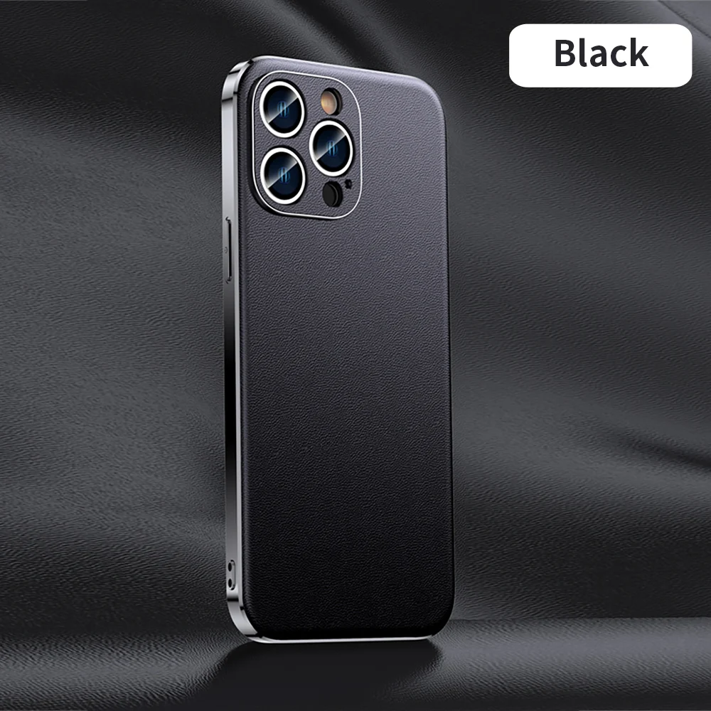 Luxury Genuine Cowhide Leather Phone Case with Full Lens Protection and Elegant Plating Design
