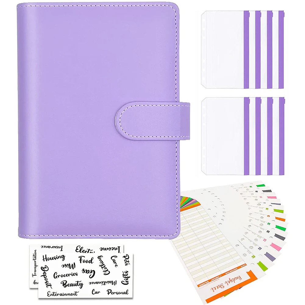 

А6 полиуретановый органайзер для бумаг, конверты для наличных, планировщик расходов, наклейки, конверты фиолетовые с 6 кольцами