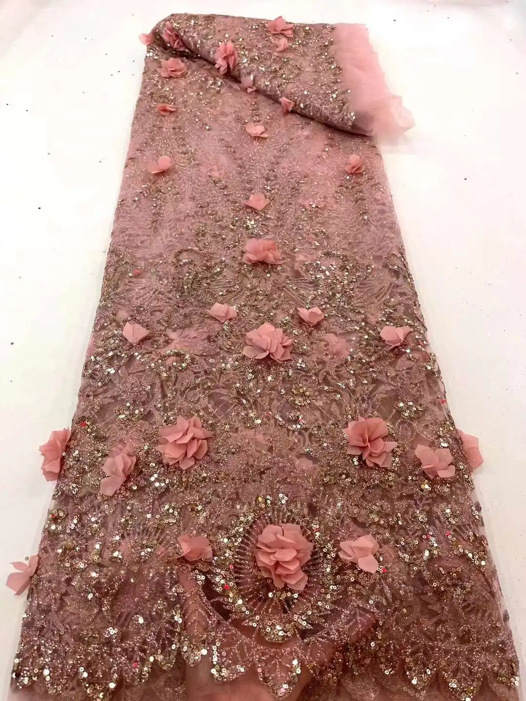

Beautiful 3D Florals Fabric Glued Glitter Lace Embroidery French Tulle Net African Nigeria lace For Weddings Evening Dresses
