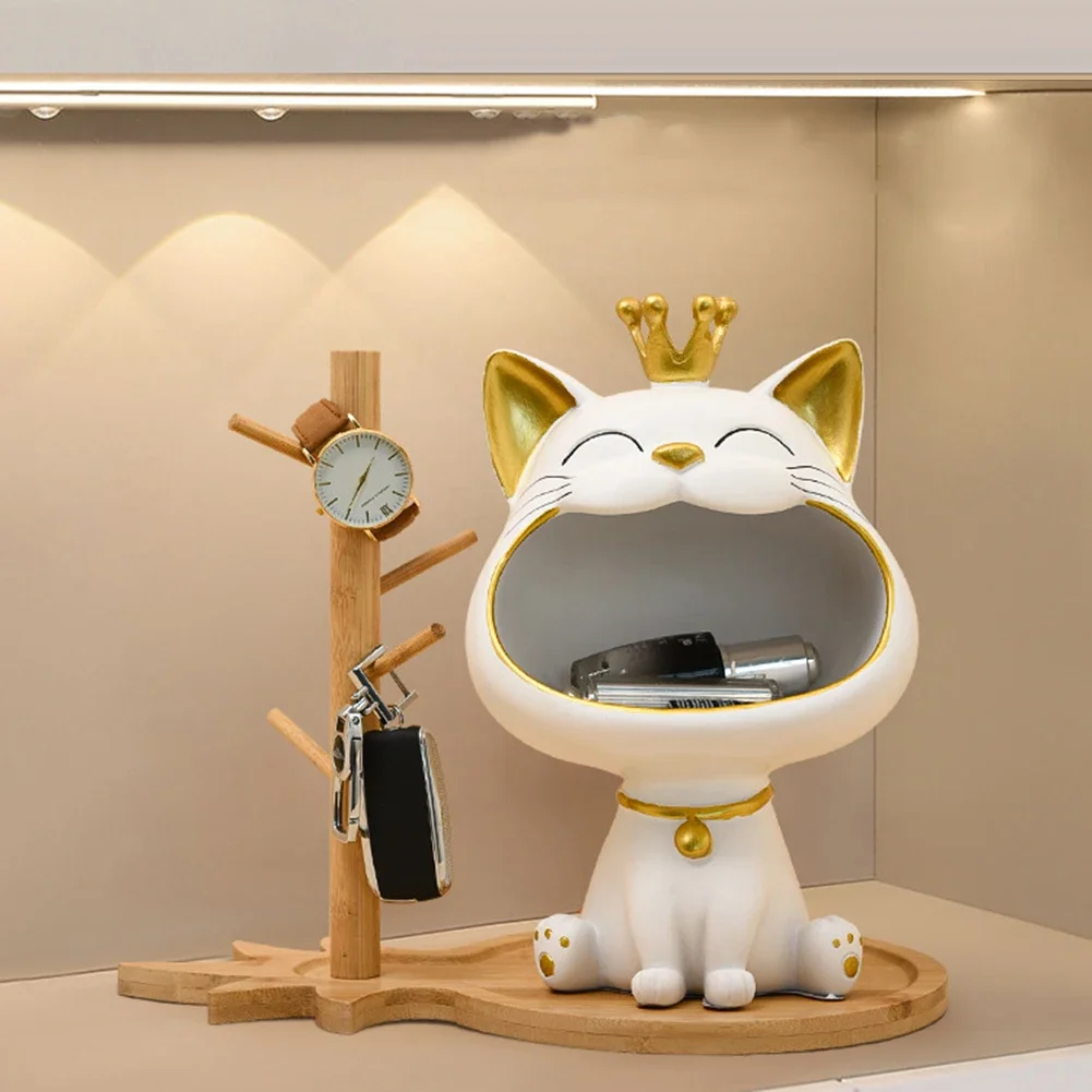 

Lucky Fortune Cat Sculpture Entrance Craft Resin Key Holder Cat Figurine Table Decoration Desktop Sundries Storage Snack Tray