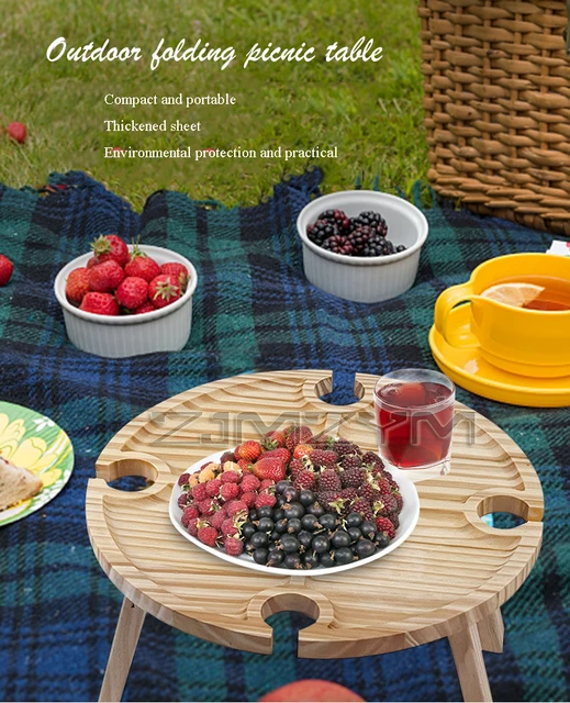 Tavolo Da Picnic Pieghevole In Legno - Portatile Con Portabicchieri Per Vino