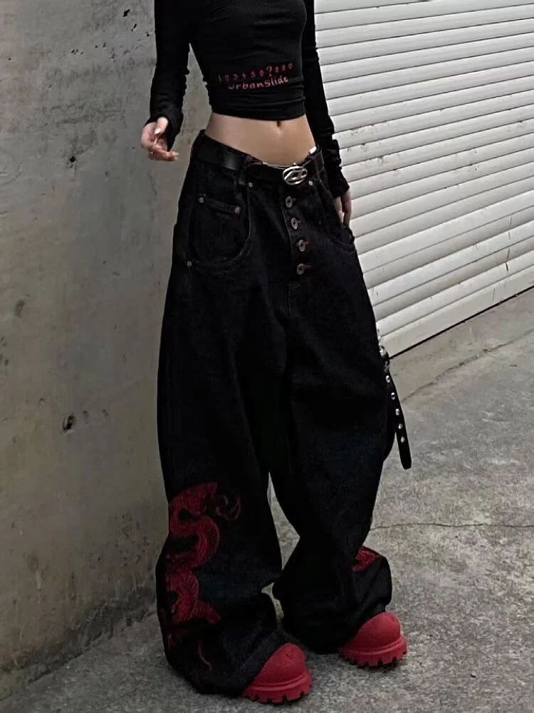 Y2k Embroidered Red Snake American High Street Retro Heavy Industry 3D Black Jeans for Men and Women Street Loose Wide Leg Pants 5