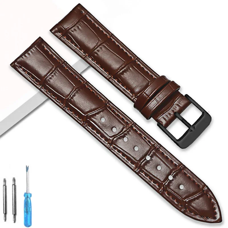Premium Genuine Leather Watchband Strap with Steel Pin Buckle - High-Quality Wrist Bracelet with Tool Included