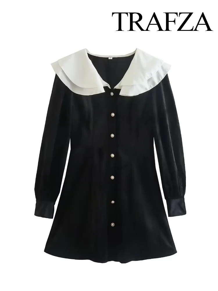 

Женское короткое платье с отложным воротником TRAFZA, черное однобортное платье с длинными рукавами, лето 2024