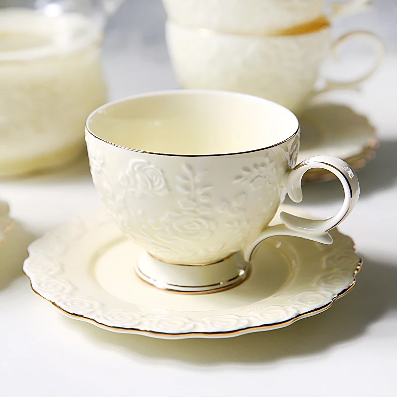 European Luxury White Ceramic Coffee Cups And Saucer Rose 6 Sets Royal