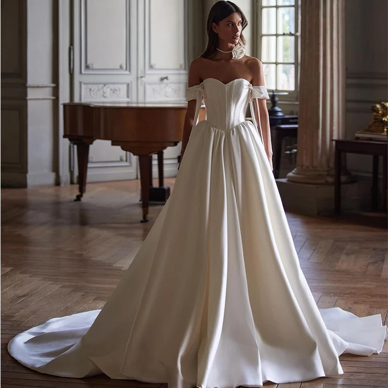 

Vintage A-Line Wedding Dress Soft Satin With Bow Ball Gown Strapless Short Sleeves Bride Dress Lace Up Robe De Mariee Elegant