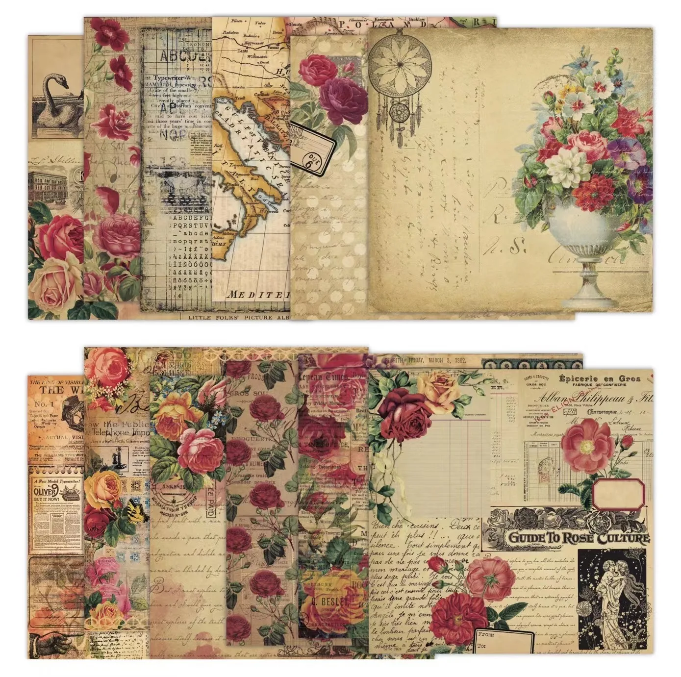 24Sheets/Set Vintage Flower Material Ppaper DIY Scrapbooking Journal Base Collage Photo Props Gift Wrapping Decoration Paper