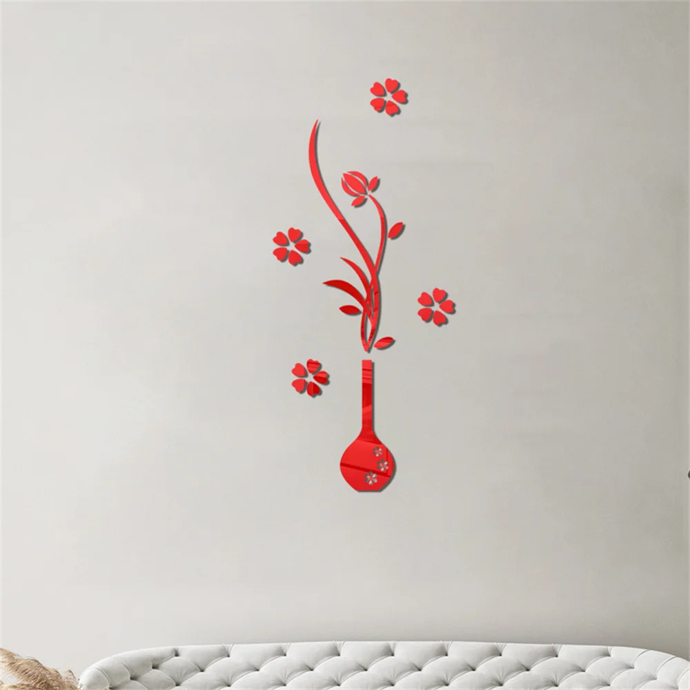 3D DIY Acrylic Mirror Stickers for Room Decoration Vase Flower Wall Decals Sticker Living Room Bedroom Wall Decor Home Sticker