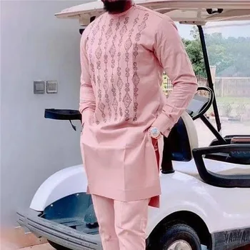 Set da due pezzi Abito africano da uomo Manica lunga Colletto tondo Camicia con stampa Pantaloni Abiti tradizionali da festa di nozze africani Abiti slim 1