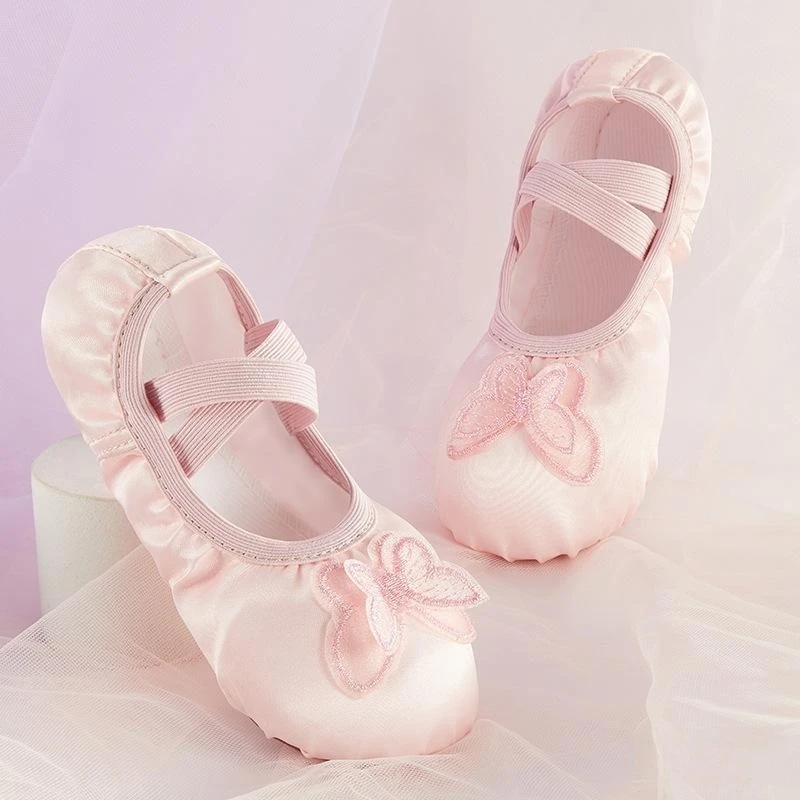 

New Children's Ballet Shoes Girls' Soft-soled Practice Dancing Shoes Princess Satin Embroidered Butterfly Shape Training Shoes