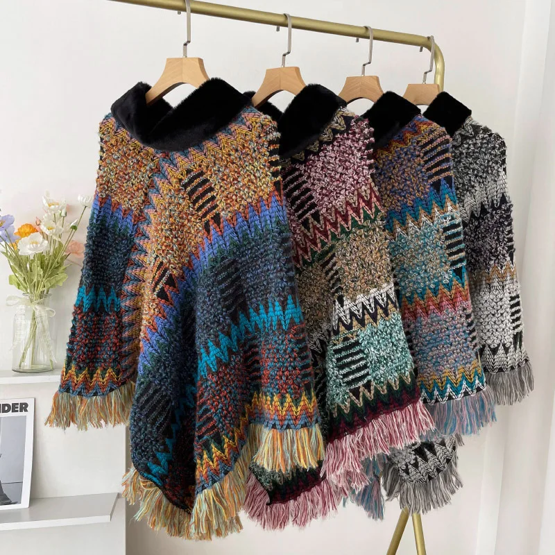 

Autumn Winter Capes National Knitted Cloak Women New Pullover Cloak Tassel Warm Shawl Imitation Wool Collar Ponchos