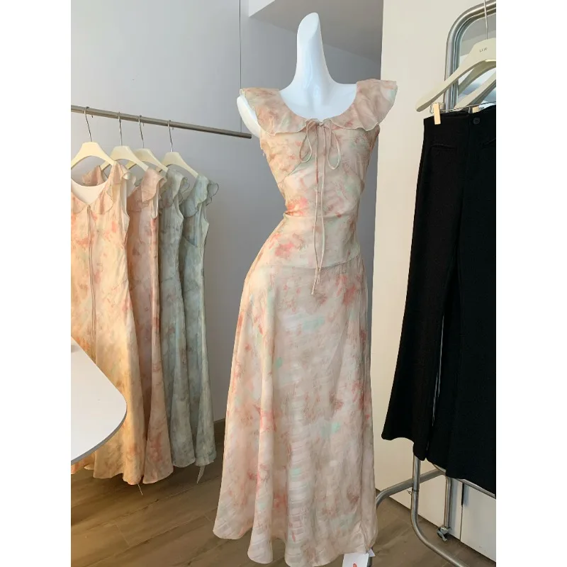 UrbannVibe Silk Blend Maxi Dress With Ruffles And Mandarin Collar For Women Polished Summer Style