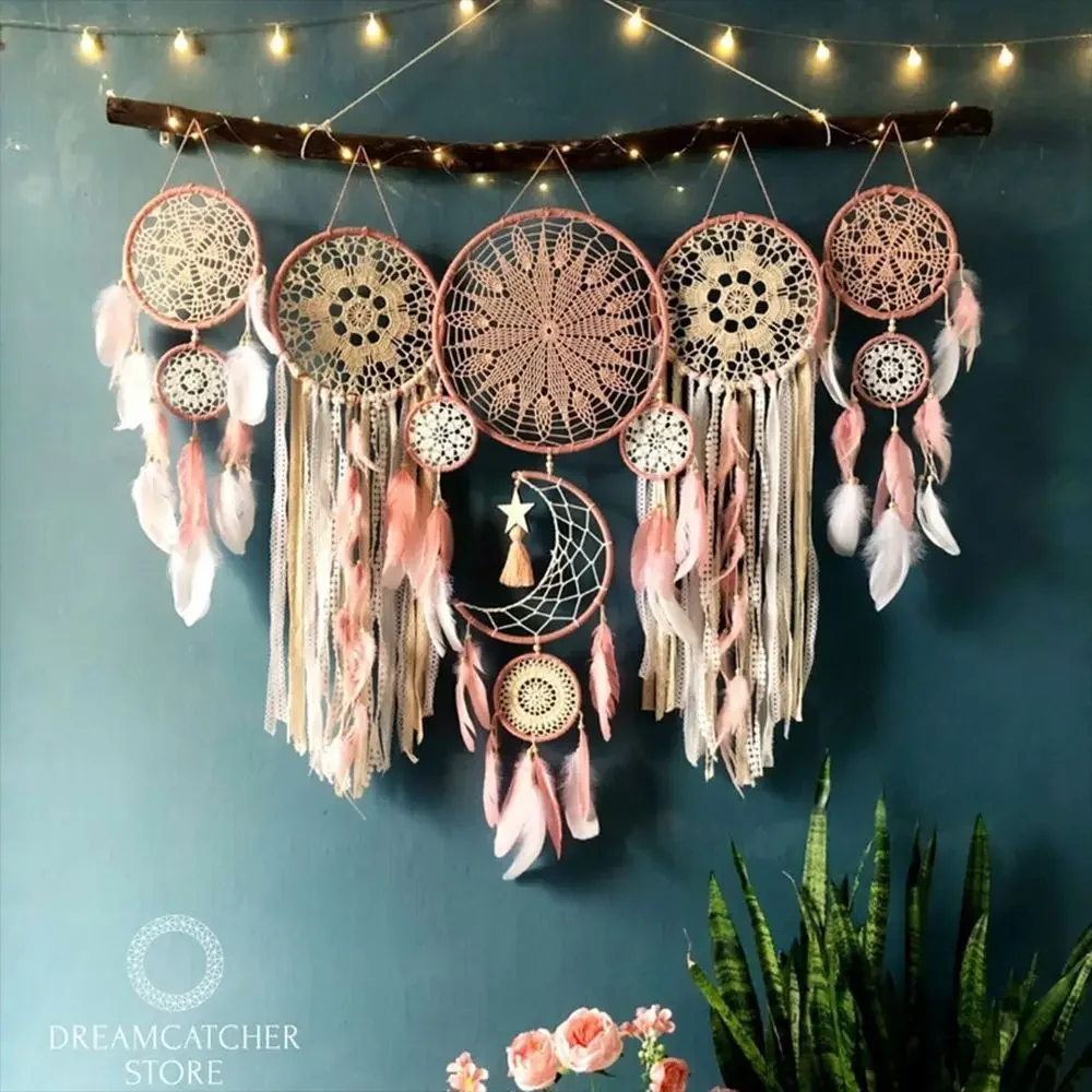 Acchiappasogni Intrecciato A Mano Con Piume E Perline – Decorazione Da Parete, Lunghezza 80 Cm