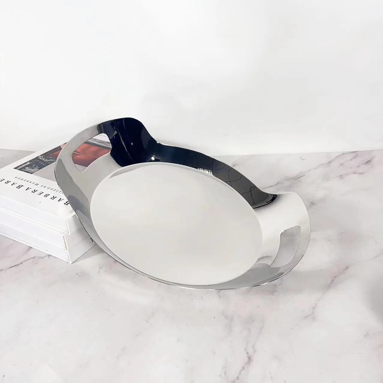 Stainless steel 304 round handle hotel tray western food plate light luxury household wine set dessert plate 2