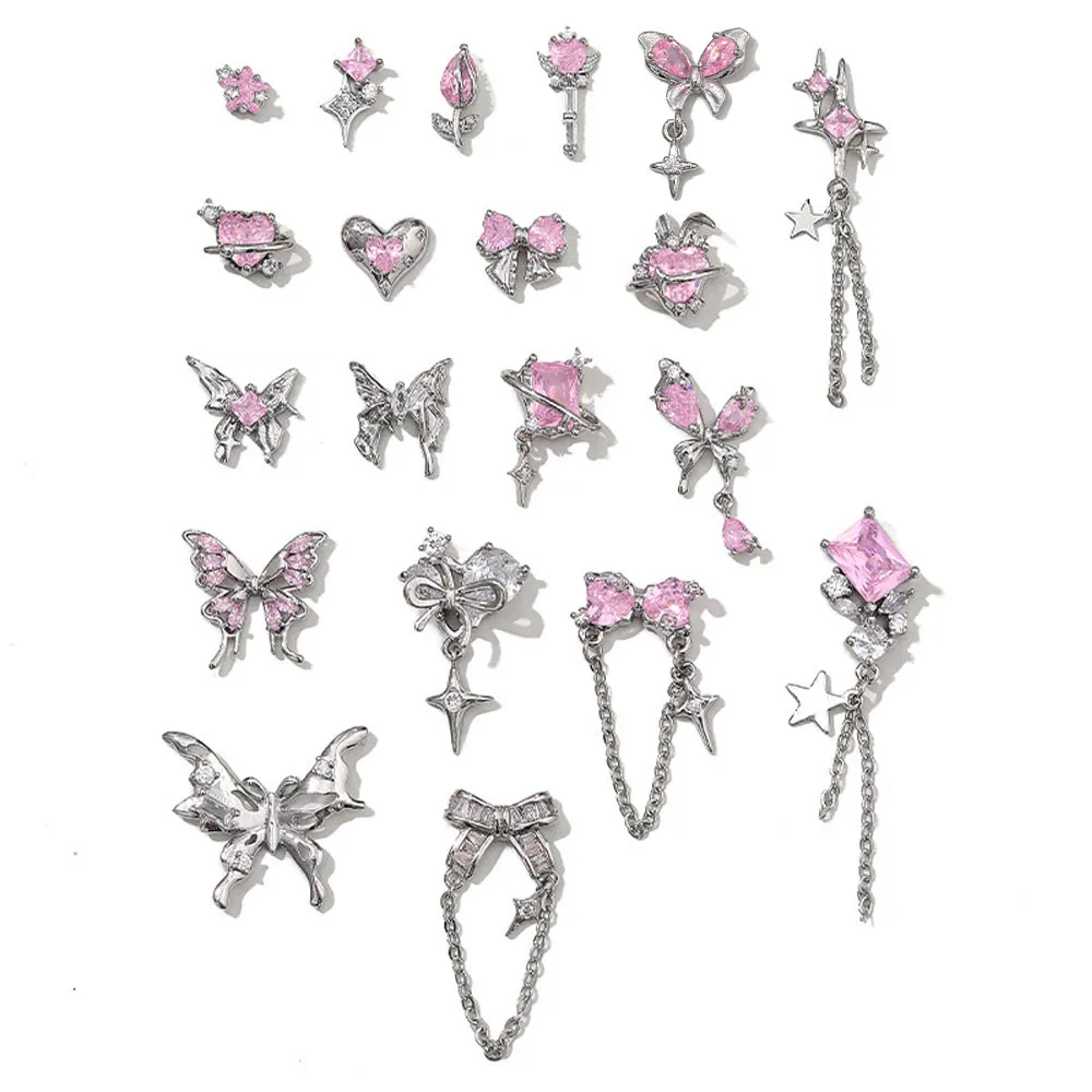 5 Pcs Zircon Pink Nail Charms Wholesale Luxury Diamond Inlaid 3D Bow