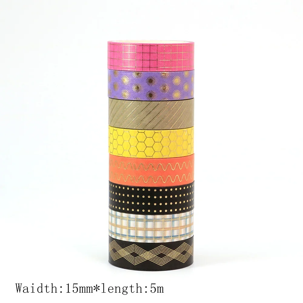 

New 1PC 15mm*5m Gold Foil Dots Honeycomb Stripes Purple Flowers Diamond Wave washi tape Deco Stationary Masking Tape sticker