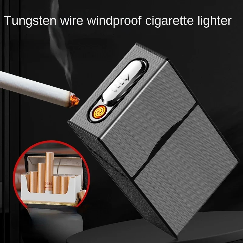 

New Windproof Metal 20PC Traditional Cigarette Case Coil Tungsten Wire USB Rechargeable Flameless Electric Lighter Men's Gifts