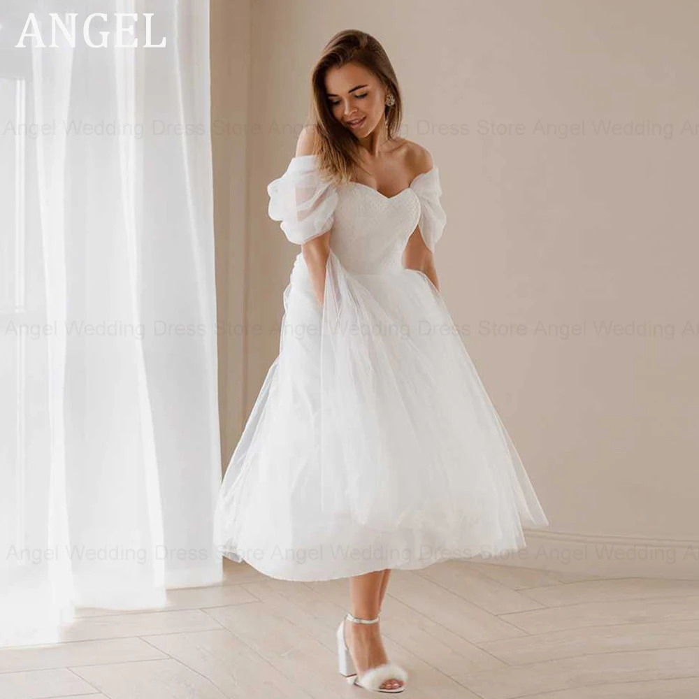 

ANGEL Short Tulle Princess Wedding Dress Tea Length Off Shoulder Lace Up Back Bridal Gowns Customisze Civil Robe De Mariage