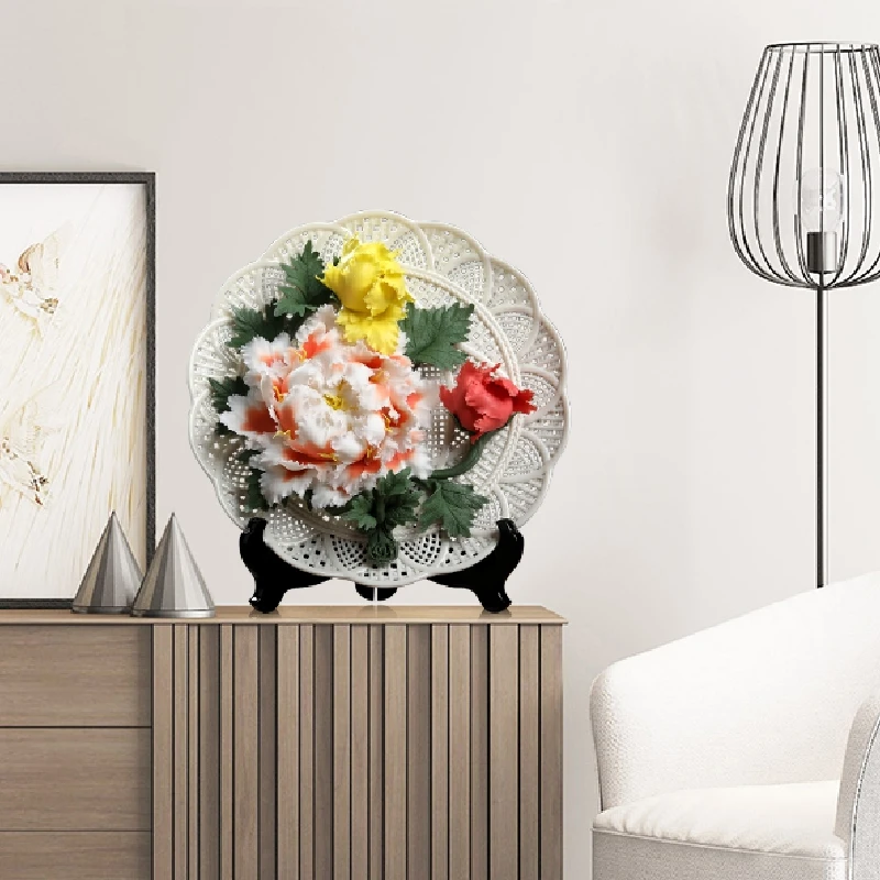 0013 Ceramic Handmade Peony Flower Pendant Plate Desktop Art Decoration Chinese Living Room Decorative Crafts Birthday Gift